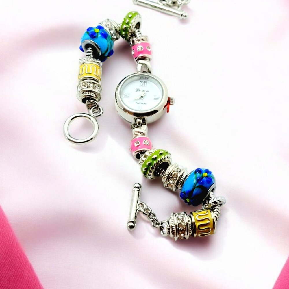 Multicolor charm bracelet with Silver watch for women all ages